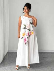 Elenzga 大码女式宽松印花无袖不对称肩部优雅连衣裙 - 米色 - 查看 6