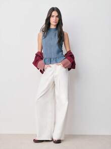 Nöista Sleeveless Blouse With Lace Stripes, A Medium Neckline, And A Ruffled Hem And Back Button Closure. Spring, Summer, Easter. - Navy Blue - View 3