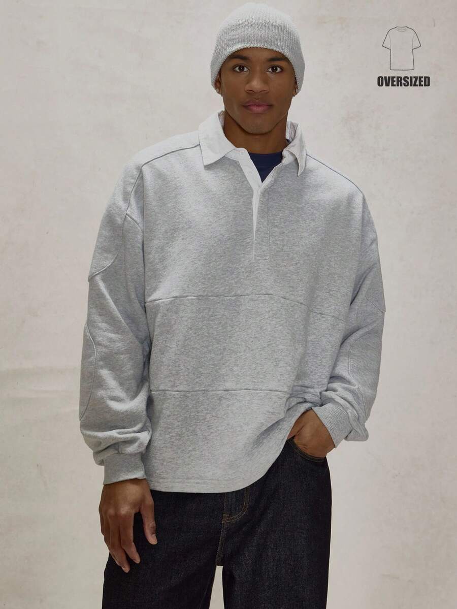 Musero Camicia polo oversize a manica lunga con spalle a caduta, bottoni e pattina nascosta, dettagli di cucitura a pannelli, essenziale per primavera ed estate - Grigio - Visualizzare 1