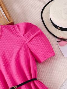 SHEIN 少女夏季短袖紋理圓領裙 - 玫紅色 - 查看 5