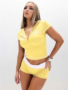 BABYPHAT Short Sleeve Hooded Zip Up Crop Top With White Logo Script Design And Front Zipper Closure For Casual Spring Summer - Light Yellow - View 6