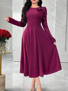 Feyla Plus Size Women's Solid Color Round Neck Long Sleeve Bow Decor Elegant Dress - Burgundy - View 3
