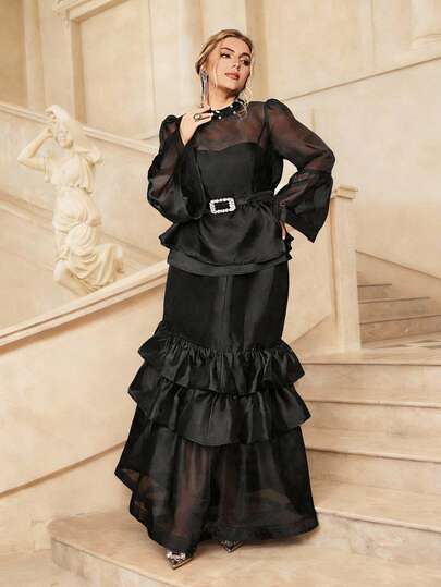 VOLUPTÉ CURVE Plus Size Spring Suit Elegant Palace Style Organza Black Pearl Collar Flare Sleeve High Waist Rhinestone Belt Layered Ruffle Hem Maxi Party Dress