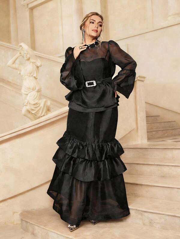 VOLUPTÉ CURVE Plus Size Spring Suit Elegant Palace Style Organza Black Pearl Collar Flare Sleeve High Waist Rhinestone Belt Layered Ruffle Hem Maxi Party Dress