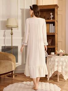 PalaceNights Embroidered Ruffle V-Neck Long Sleeve Loose Women Nightgown - Beige - View 2