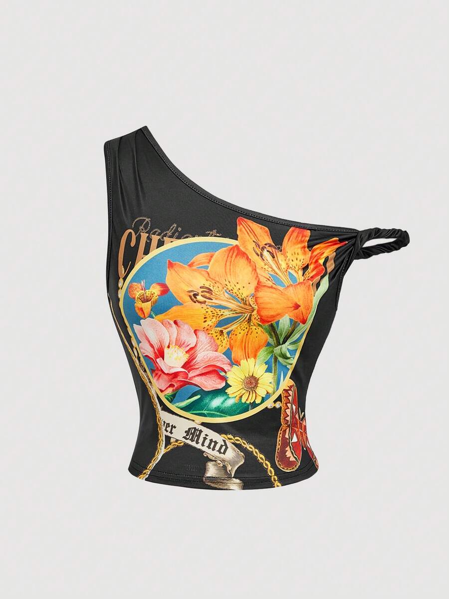 SHEIN MOD Áo kiểu nữ vai lệch, họa tiết hoa cổ điển, thắt eo. - màu đen - Xem 1