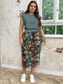 EMERY ROSE Plus Size Summer Casual Solid Color Top And Floral Print Skirt 2-Piece Set Spring - Teal Blue - View 4