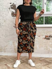EMERY ROSE Casual Solid Color T-Shirt & Floral/Leaf Print A-Line Skirt 2-Piece Set, Plus Size,Vacation/Summer/Spring - Multicolor - View 4