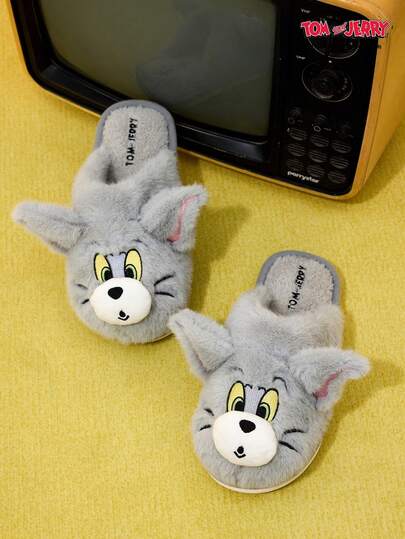 TOM & JERRY X Joivida Cute Plush Slippers With Lake-Stream Design, Women's Indoor Warm Home Slippers, Adorable Flat Shoes, Household Slippers, Winter Footwear.
