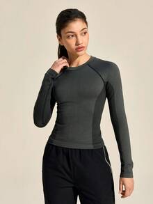 SHEIN In My Nature Dam-T-shirt med raglanärm och rund hals, avslappnad fitness- och utomhusfunktion - Svart - Visa 4