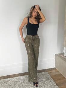 RebeccaVibe 女士罩衫伊比沙岛波西米亚风度假海滩优雅夏季亮片阔腿钩针长裤 - 橄欖綠 - 查看 1