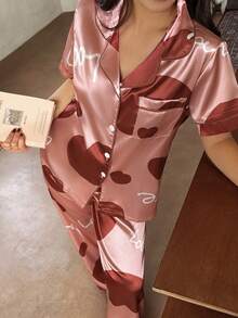 Dream Adore Heart & Letter Print Satin Pocket Short Sleeve Pajama Set For Women - Red - View 6