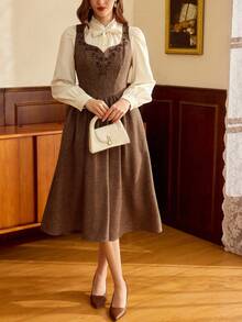 Vintamour Vintage Classic Elegant Women Embroidered Fitted Tank Dress, Brown Brown Elegant Dress Women Coffee Brown Dress Cottagecore Dress French Style Dress Spring Outfit Women Spring Dress For Women - Brown - View 6