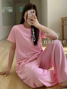 Dazy Plus Bộ đồ ngủ dệt kim 2 món, áo thun cổ tròn kẻ sọc ôm sát và quần dài rộng, màu hồng, thích hợp cho mùa xuân/hè. - Hồng - Xem 1