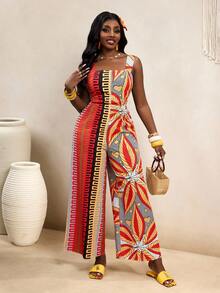 BamGleam Women's Red Orange Plant Print Wide Leg Casual Jumpsuit,Boho Summer Vacation Outfits,Holiday Spring Break Clothing,Beach Outfits For Women - Multicolor - View 4