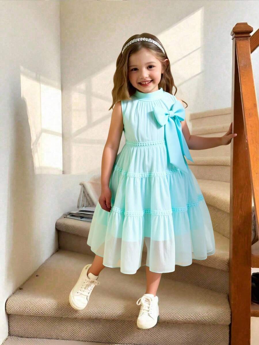 Elladie kids 少女公主风薄纱3D蝴蝶中长优雅连衣裙 - 藍色 - 查看 1