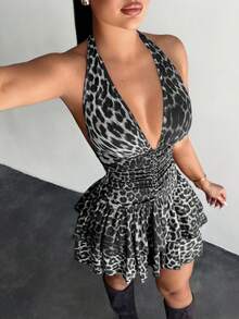 SHEIN SXY 豹纹露背吊带荷叶边连衣裙 - 灰色 - 查看 1