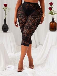 SHEIN SXY 大码时尚性感透视黑色蕾丝打底裤，适合约会、聚会、派对、夜店、情人节、宴会、盛宴、晚宴、舞会、舞会、都市风、百搭、性感办公室女郎、邮轮装、复古风、节日、音乐会、嘉年华、郊游、层次丰富的节日、约会之夜、聚会、生日、单身派对、鸡尾酒会、正式场合、情人节 - 黑色 - 查看 7