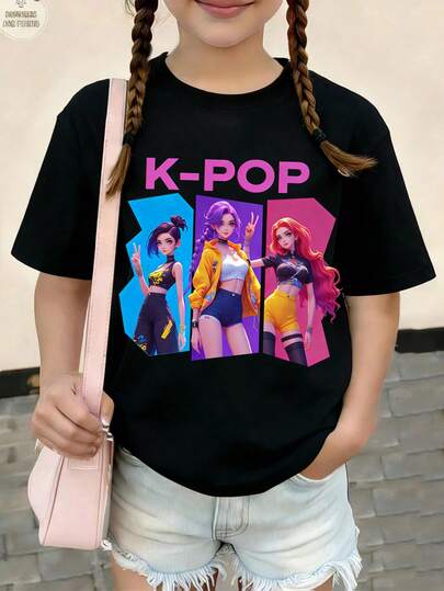 Young Girl Black Round Neck Short Sleeve Graphic Tee, Casual Comfortable Fashion Minimalist Versatile Cartoon, Celebrity, Anime, K-POP Inspired Letter Print Graphic T-Shirt