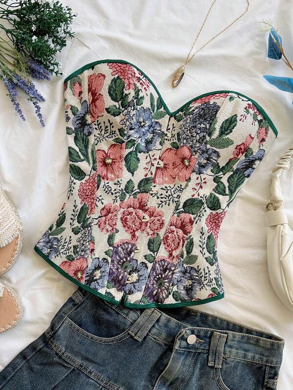 Soleia Women's Retro Palace Style Colorful Floral Jacquard Print Bandeau Crop Top With Buttons And Back Tie