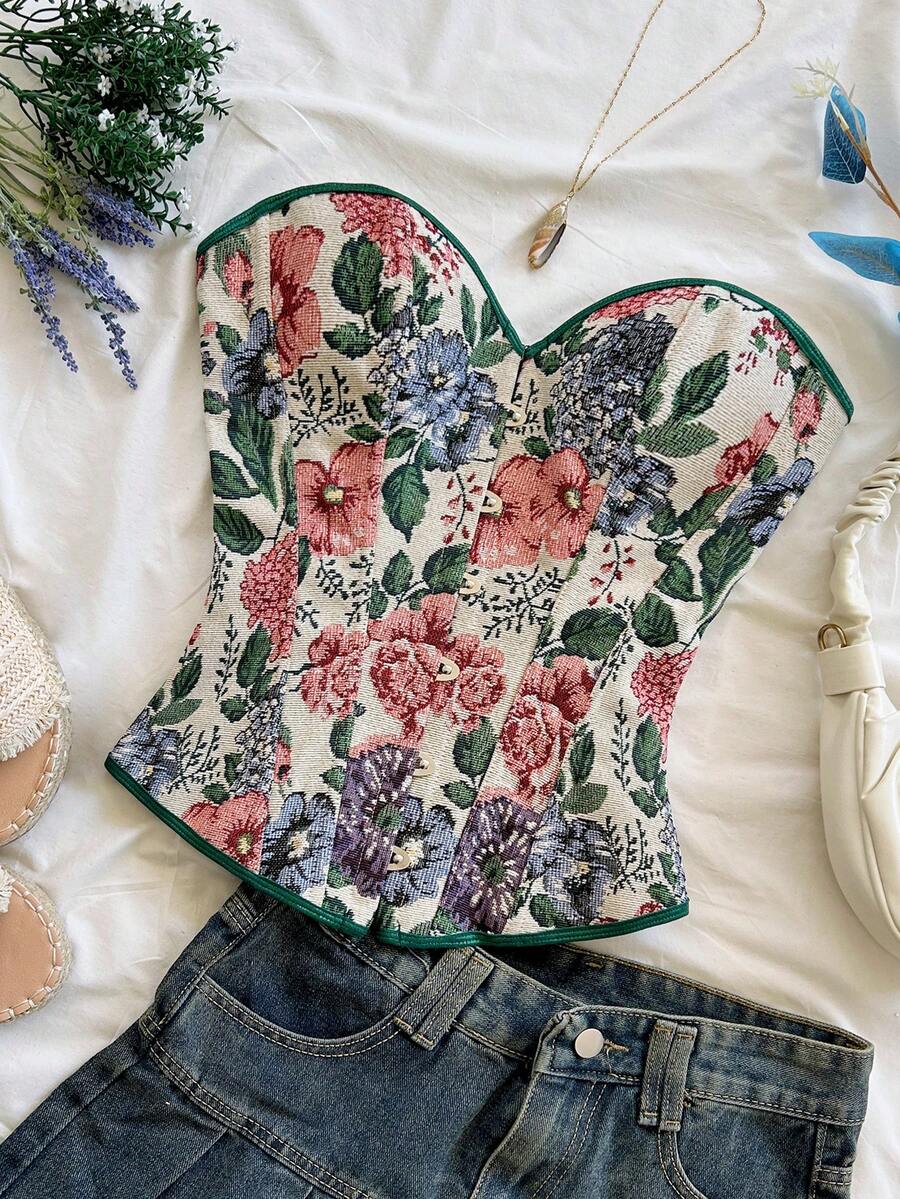 Soleia Áo croptop quây ngực kiểu cung đình cổ điển dành cho nữ, in họa tiết hoa jacquard nhiều màu sắc, có cúc và dây buộc phía sau. - Màu be - Xem 1