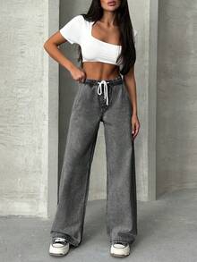 EURMUSE WOMEN Elastic Waist & Belted Cargo Denim JEANS MID WAIST - Light Grey - View 3
