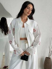 SHEIN Women's Casual Hollow Out Embroidered Drop Shoulder Long Sleeve Jacket With Pockets, Spring/Autumn - Beige - View 4