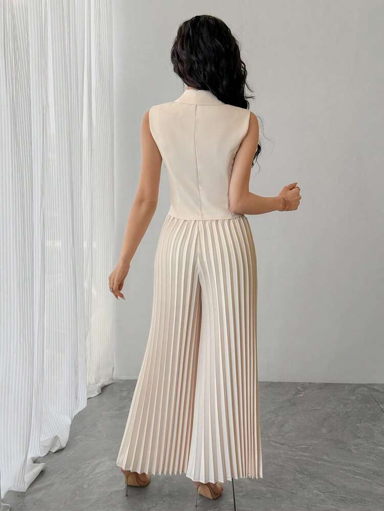 DAZY Women's Casual Plain Suit Collar Vest & Wide Leg Pants 2 Pieces Set, Summer,Women Lounge Sets For Women - Apricot - View 2