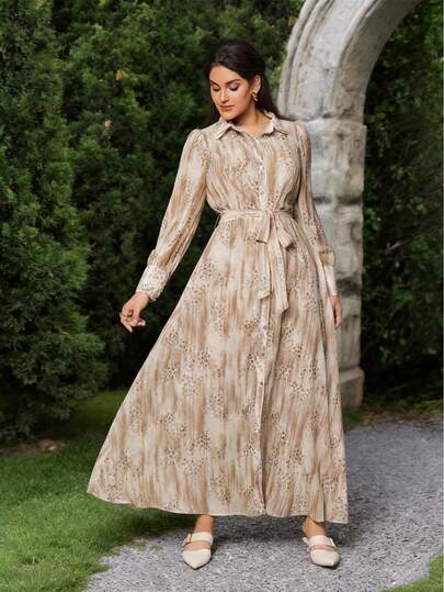 VOLUPTÉ CURVE Vestido maxi de manga larga con cuello de camisa, estampado floral elegante vintage, con lazo en la cintura, de tela suave y fluida, para primavera, solo tallas grandes