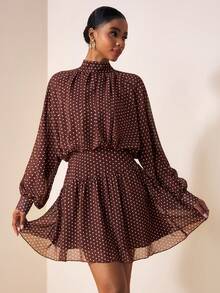 Zivah 2026 Spring/Summer New Music Festival, Easter, St. Patrick's Day, Valentine's Day, Date, Western, Nomadic, Birthday Party, Graduation, College, Student, Daily Wear, Basic Versatile, Casual, Vacation, Cruise Travel, Beach, Sunbathing, Viral , Streetwear, Wedding Guest Boho, Commute, Brunch, Airport, Party, Holiday Outing, Office Wear Brown Mini Dress With Stand Collar, Ruffle, Pleated, Mesh Polka Dot A-Line Long Sleeve - Brown - View 7