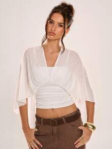 Avenya Knitted Tight Shawl Collar Flowy Tie T-Shirt Top - White - View 4