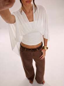 Avenya Knitted Tight Shawl Collar Flowy Tie T-Shirt Top - White - View 3