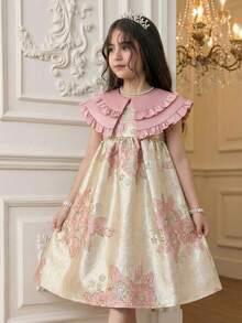 SHEIN 少女撞色拼接露背立领A字连衣裙，适合家庭度假、可爱优雅时尚的派对、生日等场合，尽显公主风范，母女姐妹装也同样适用。春夏款。 - 粉色 - 查看 4