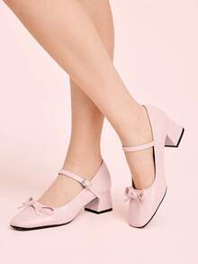 CUCCOO DOLLMOD Women's Light Pink Textured Round Toe Bow Decor Mary Jane Shoes, Sweet & Cute Style For Daily, Dating, Commuting - Pink - View 5