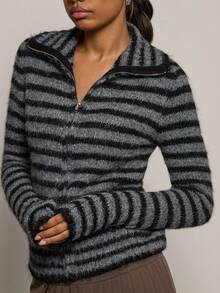 COUREZ Stripe High Neck Zip Front Knit Cardigan Top /Y2K Spring Clothes For Women Street Streetwear Cute Going Out Outfits Causal Knit Party Rave Knit Cardigan Summer Trousers Summer Outfits Funnel Neck Knit - Grey - View 6