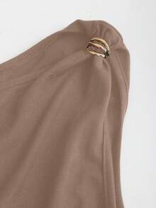 Sweetra Metal Decor Ruched Casual Bodysuit, Versatile For Spring/Summer Brown Bodysuit - Khaki - View 4