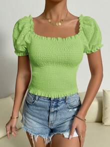 Breezaya 女士休闲纯色泡泡袖衬衫，夏季 - 青檸色 - 查看 5