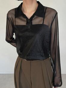 FRIFUL Women's Loose Sheer Mesh Polo Collar Blouse, Lightweight Summer Top - Black - View 7