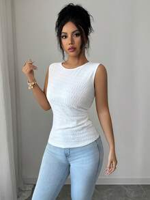 Elenzga Blusa de punto sin mangas con textura y fruncido lateral, de estilo casual y elegante para mujer - Blanco - Ver 6