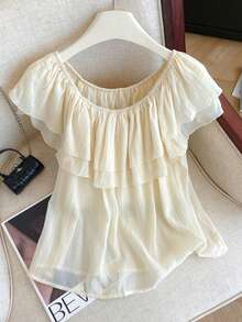 Resyla Women's Ruffled Chiffon Reversible Blouse, Summer Vacation - Beige - View 1