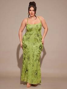 SHEIN BAE Đầm maxi cỡ lớn màu xanh lá cây trơn thêu hoa 3D đính sequin, xuyên thấu, hở lưng, buộc dây, thích hợp cho mùa xuân/hè, đi nghỉ mát, hẹn hò ngày Valentine, đầm ngắn cho phù dâu, đầm sequin sinh nhật, đầm maxi hở lưng, phù hợp cho tiệc tùng, hộp đêm, các dịp trang trọng, đầm dự tiệc cưới mùa thu, đầm dự tiệc cưới dành cho nữ. - màu xanh lá - Xem 2