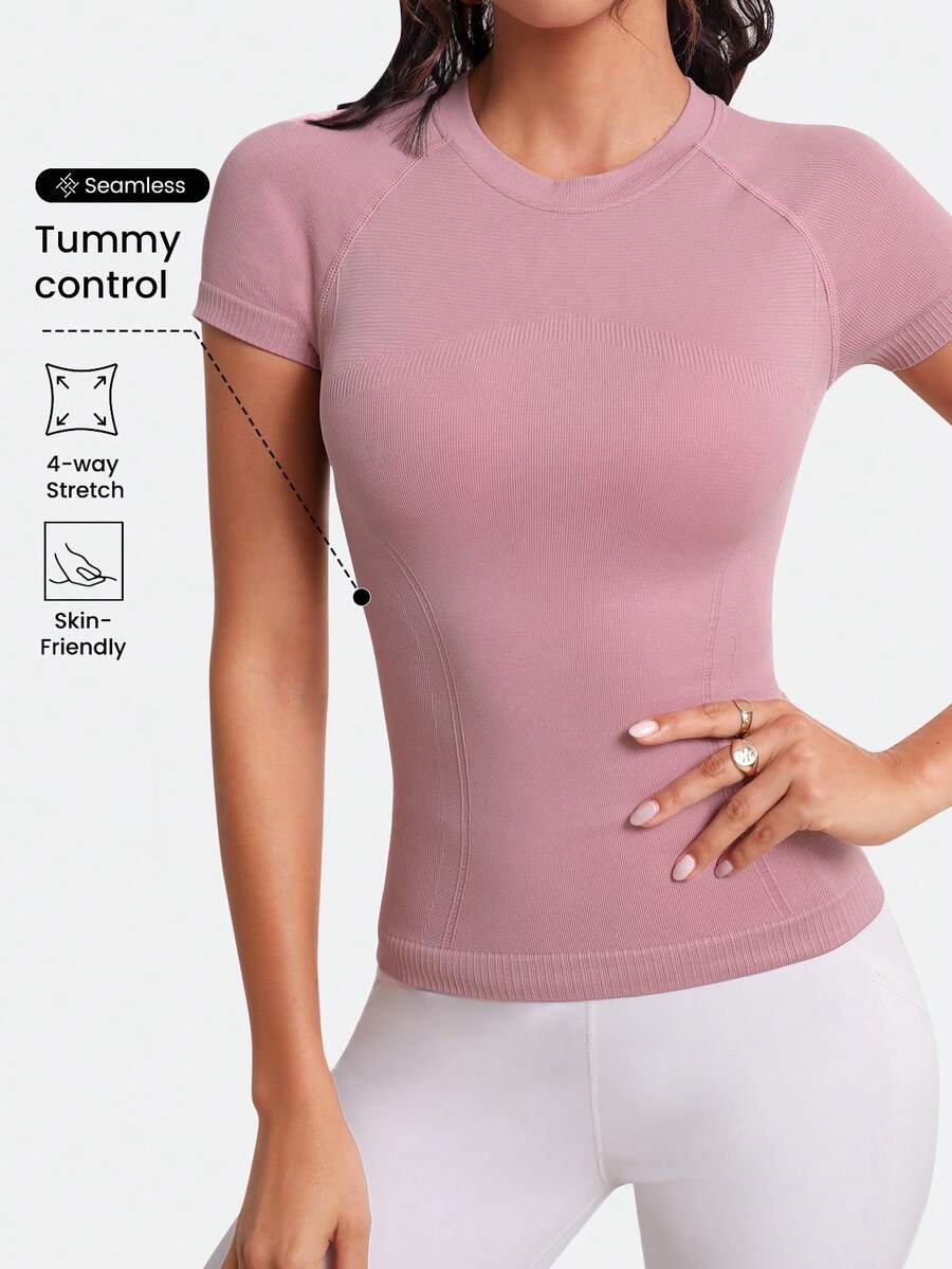 Sovereign Charm Women's Seamless Round Neck Short Sleeve Sports T-Shirt In Solid Color Compression Shirt Fitted Shirt Workout Tank Top Gym Shirts - Dusty Pink - View 1