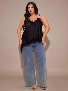 SHEIN BAE Plus Size Women Lace Satin Blouse, Suitable For Dates And Parties,Women's Sexy Satin Solid Color Contrast Lace Asymmetric Hem Cami Black Top,Sexy Top,Halloween Costume,Party,,Vacation Dress,Elegant Top,Sexy Dress,Top For Ladies,Formal Top Plus Size,Curves Women Clothing,Wedding Guest Top ,Summer,Elegant Top For Party,Graduation ,Vacation,Birthday Party Top,Valentine's Day,Valentine Outfits For Women - Black - View 7