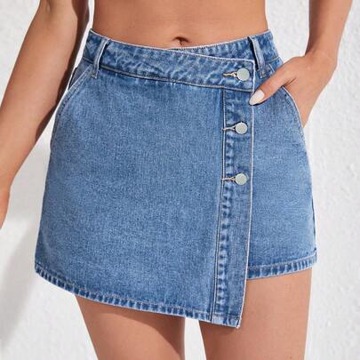 Gonnellina asimmetrica in denim stile cowgirl sexy, taglie comode, outfit primaverili
