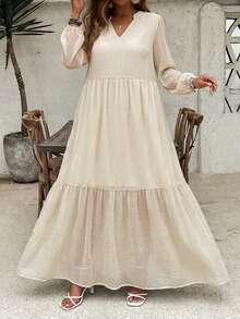 SHEIN VCAY Plus Size Elegant Solid Color Notched Neck Long Dress, Suitable For Commuting Chiffon Dresses For Women Layered Dress Cream Dresses For Women - Beige - View 1