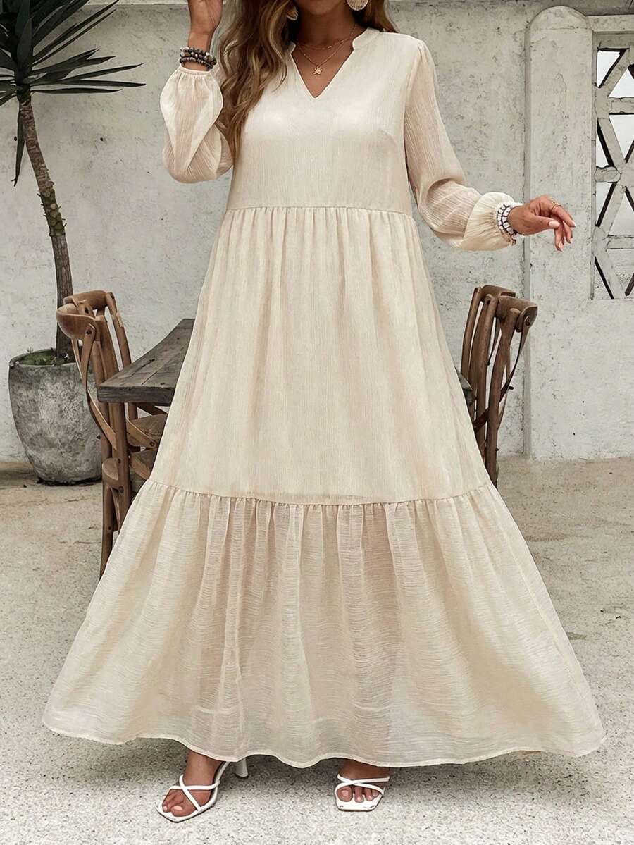 SHEIN VCAY Plus Size Elegant Solid Color Notched Neck Long Dress, Suitable For Commuting Chiffon Dresses For Women Layered Dress Cream Dresses For Women - Beige - View 1