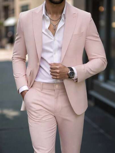 Manfinity Bizformal Conjunto de traje de negocios rosa champán para hombre, estilo de caballero maduro, primavera/verano