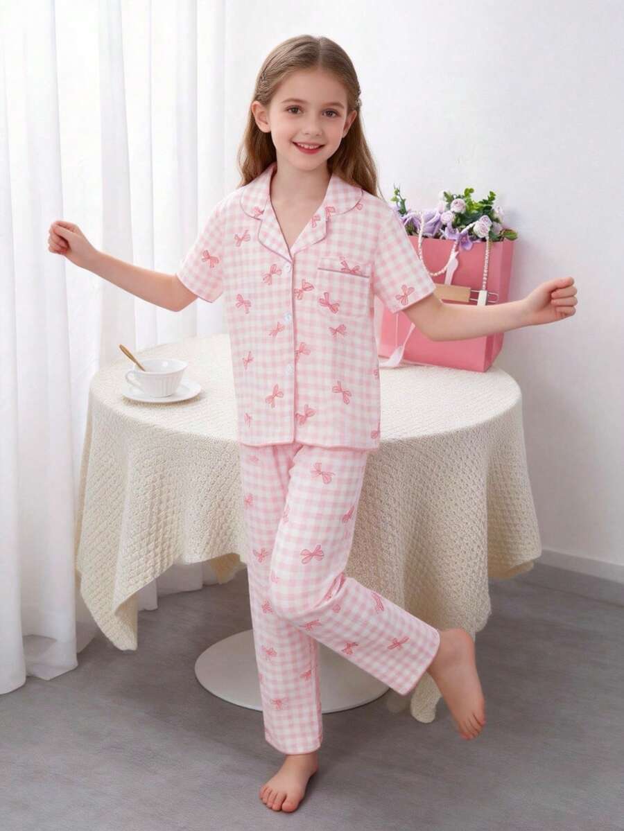 SHEIN School Girl Pajamas - Girls Cute Butterfly & Plaid Print Short Sleeve Collared Cardigan With Loose Pants 2 Pieces Sleepwear Set - Multicolor - View 1