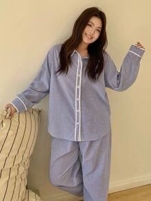 Dazy Plus Striped Color Block Loose Open Front Top And Long Pants Pajama Set, Spring/Autumn - Blue - View 6