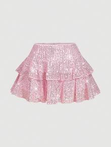 SHEIN MOD 女士时尚派对亮片低腰多层荷叶边迷你裙 - 粉色 - 查看 1